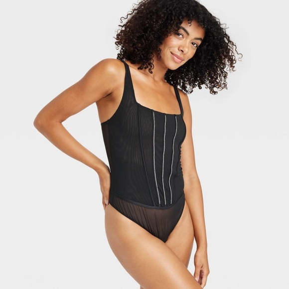 AUDEN sexy thong sheer rhinestone panel mesh lingerie bodysuit NWT - Picture 1 of 7